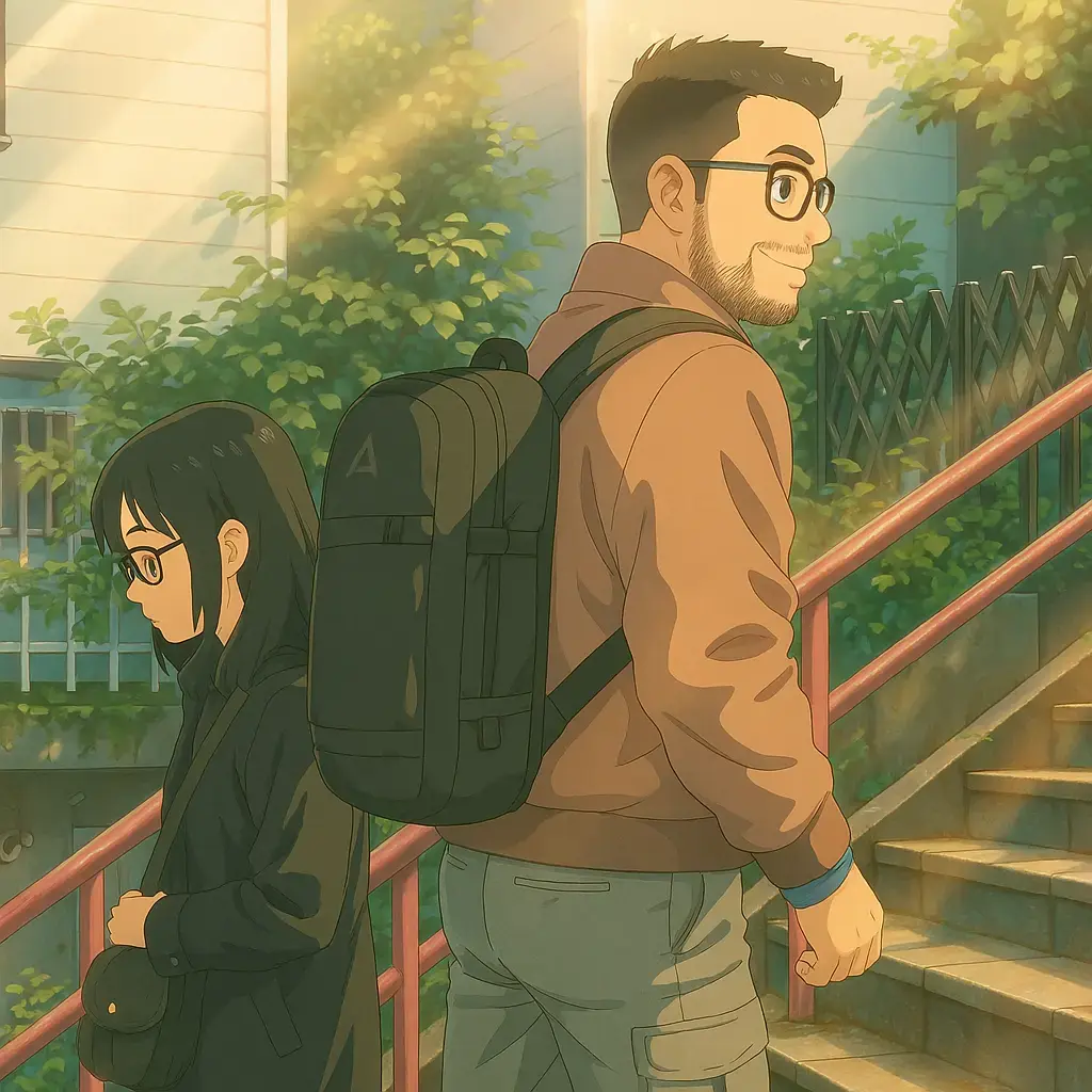 Anime Style: A couple going in opposite directions on a staircase