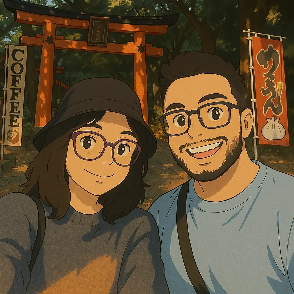 Anime style: My bride and I feeling proud after finishing the hike at Mount Fushimi Inari Taisha