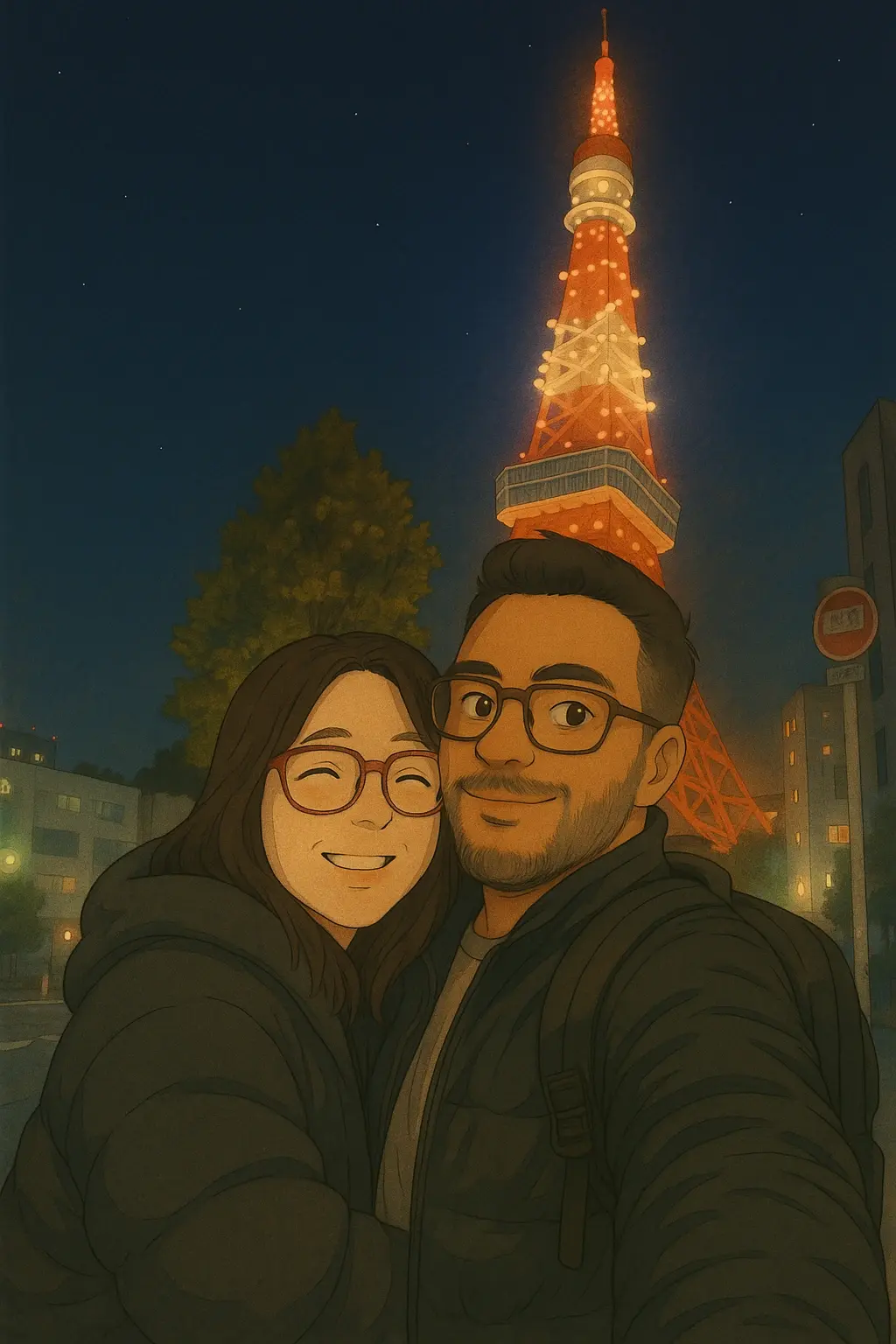 Anime Style: A couple taking a selfie in front of Tokyo Tower