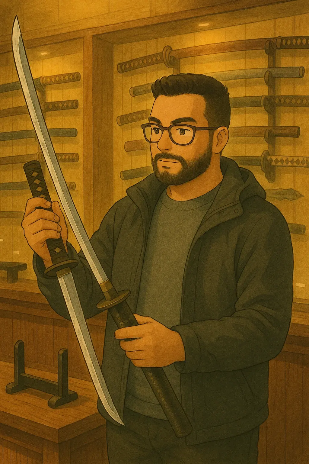 Anime Style: Foreigner checking a katana and a wakizashi