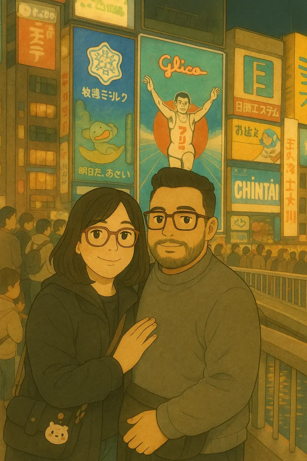Anime style: Portrait of me and my bride in front of the Glico Man screen