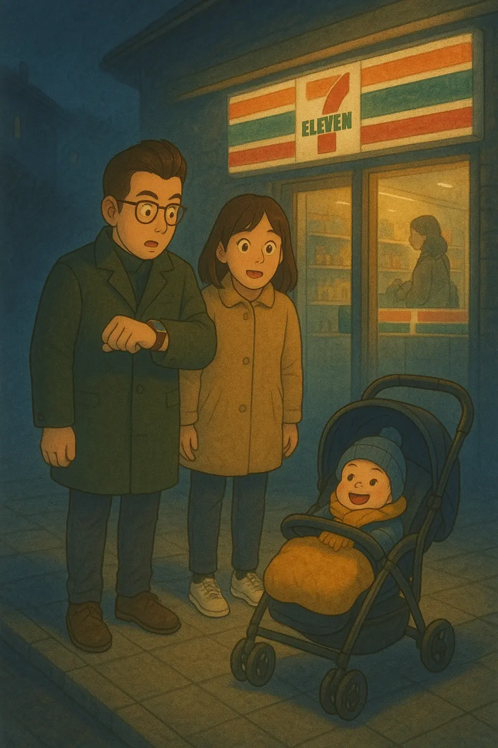 Anime Style: My bride and I watching over a baby in a stroller in front of a 7-Eleven store