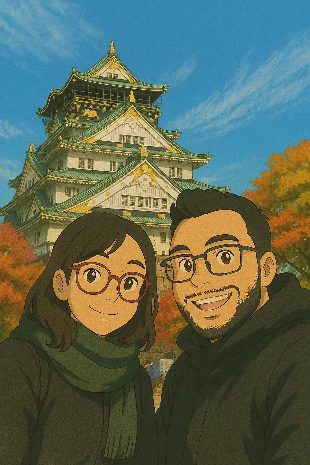 A smiling couple stands in front of Osaka Castle on a sunny autumn day. They wear dark coats and scarves, with golden leaves framing the traditional Japanese architecture behind them. Their expressions are warm and joyful, capturing a shared travel memory filled with love, culture, and curiosity.