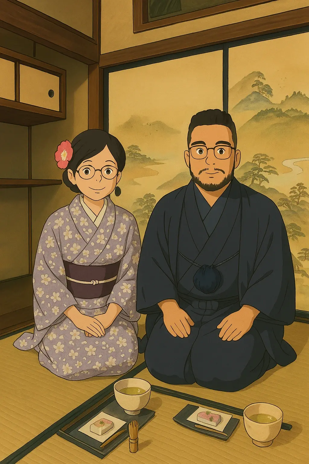 Anime style: My bride and I in a Japanese tea ceremony. I was wearing a hakama and she was dressed in a kimono