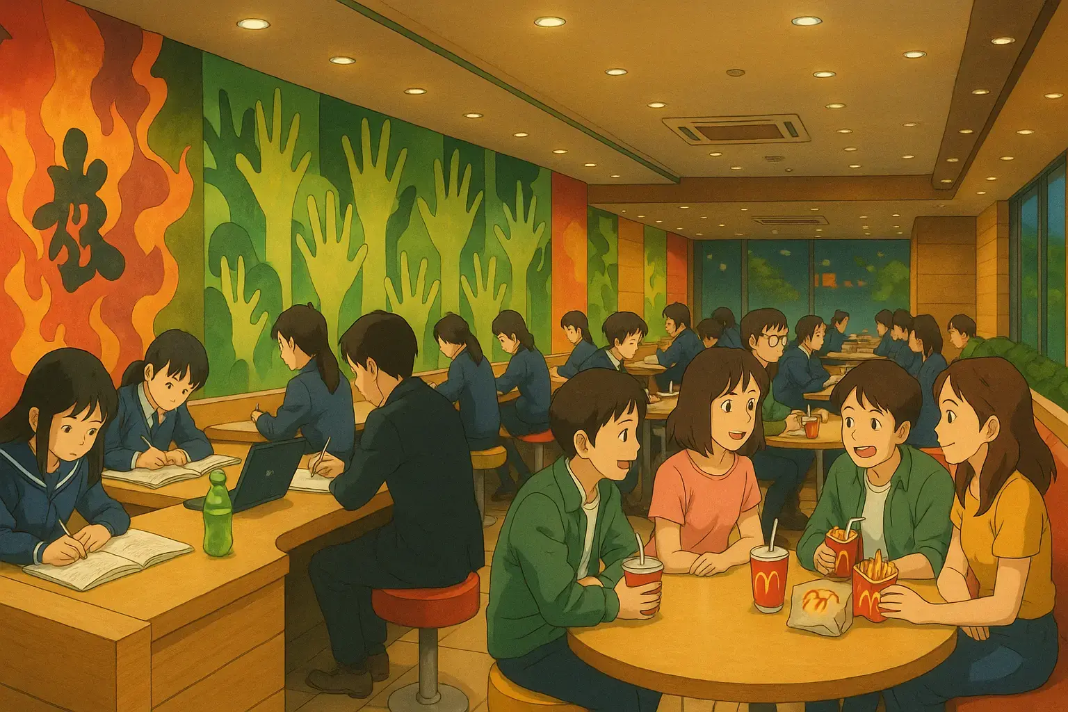 Anime Style: McDonald’s in Shinjuku, most people are studying or working and only one table has young people having fun