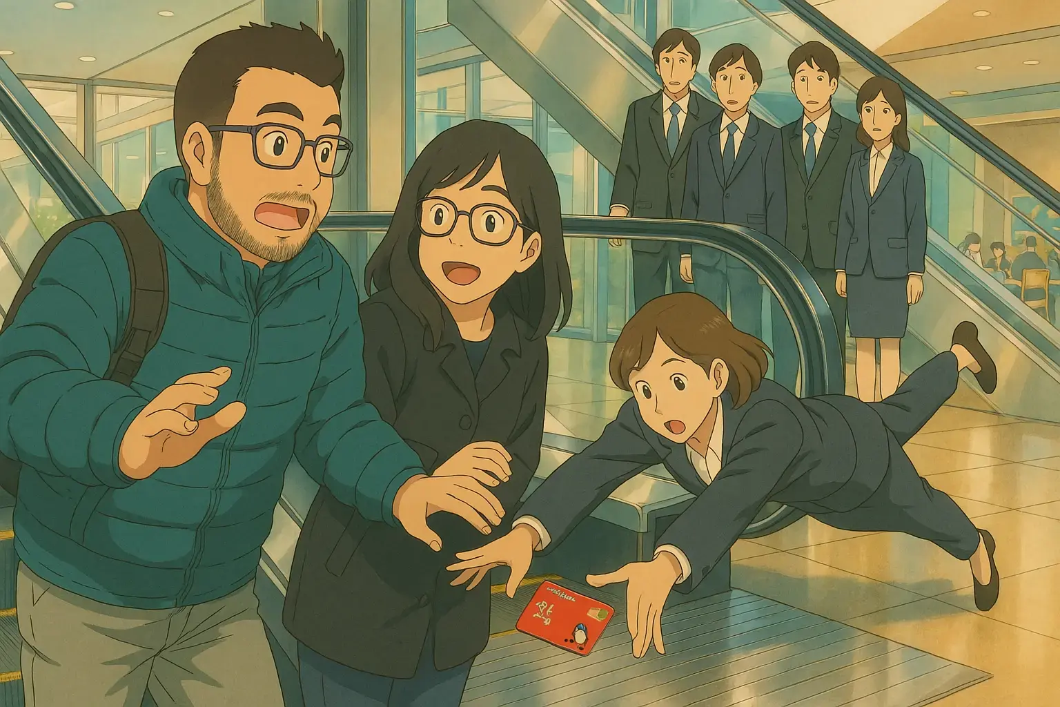 Anime Style: A salarywoman jumped to save a card when a tourist dropped it while switching escalators
