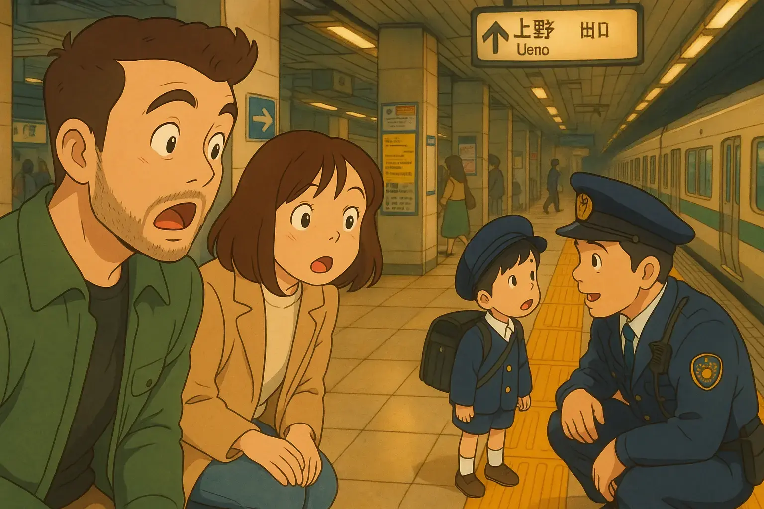 Anime Style: A couple of foreigners surprised in Ueno Station to see a kid taking a subway connection alone while asking a police officer for directions