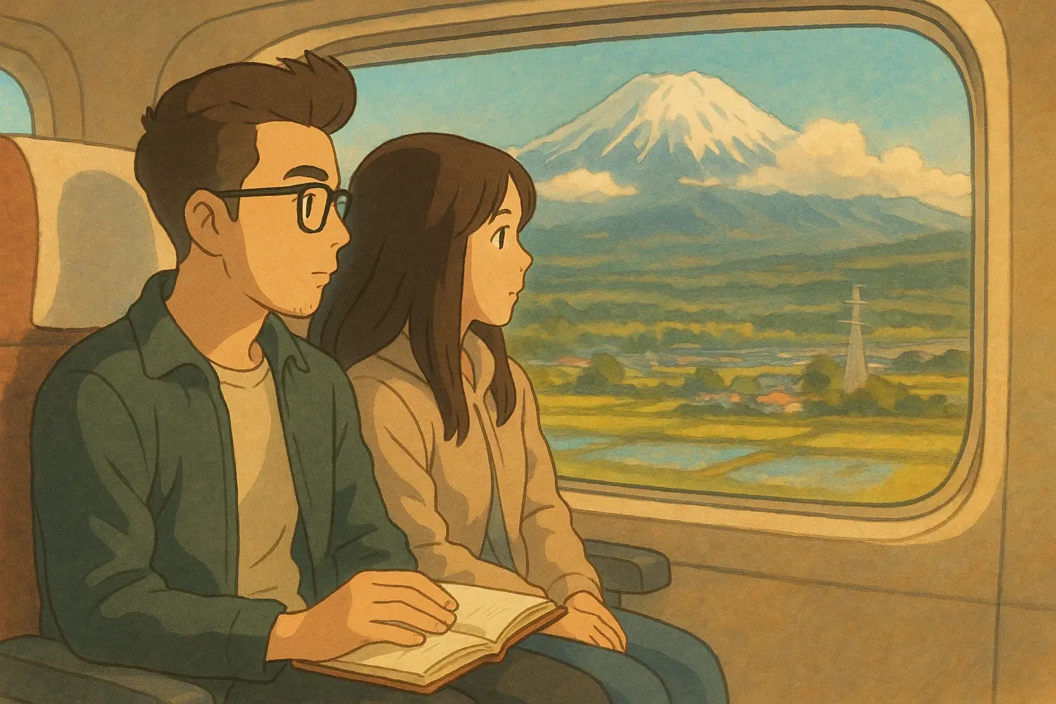 Anime Style: A couple catching a glimpse of Mount Fuji inside a Nozomi bullet train