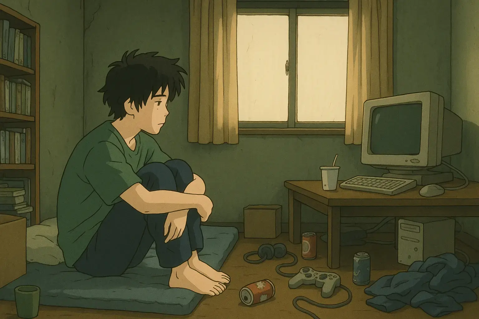 A young man sits alone on a thin mattress in a dim, cluttered room with a blank expression. Surrounded by an old computer, scattered wires, empty cans, and books, he gazes toward the window without focus. The mood is quiet, withdrawn, and melancholic — capturing the isolation and emotional stillness often associated with hikikomori.