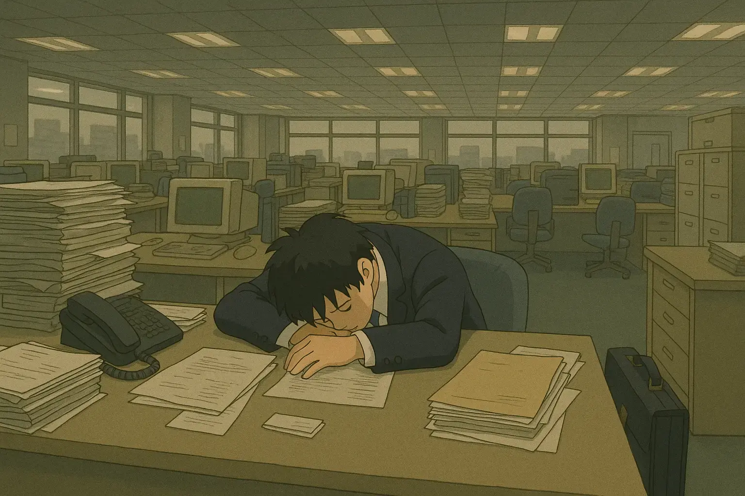 A man in a business suit sleeps face down on a cluttered desk in a dimly lit office filled with empty chairs, old computers, and towering stacks of paper. The fluorescent lighting and muted tones create a heavy, fatigued atmosphere, reflecting the exhaustion and quiet desperation often associated with karōshi, or death from overwork.