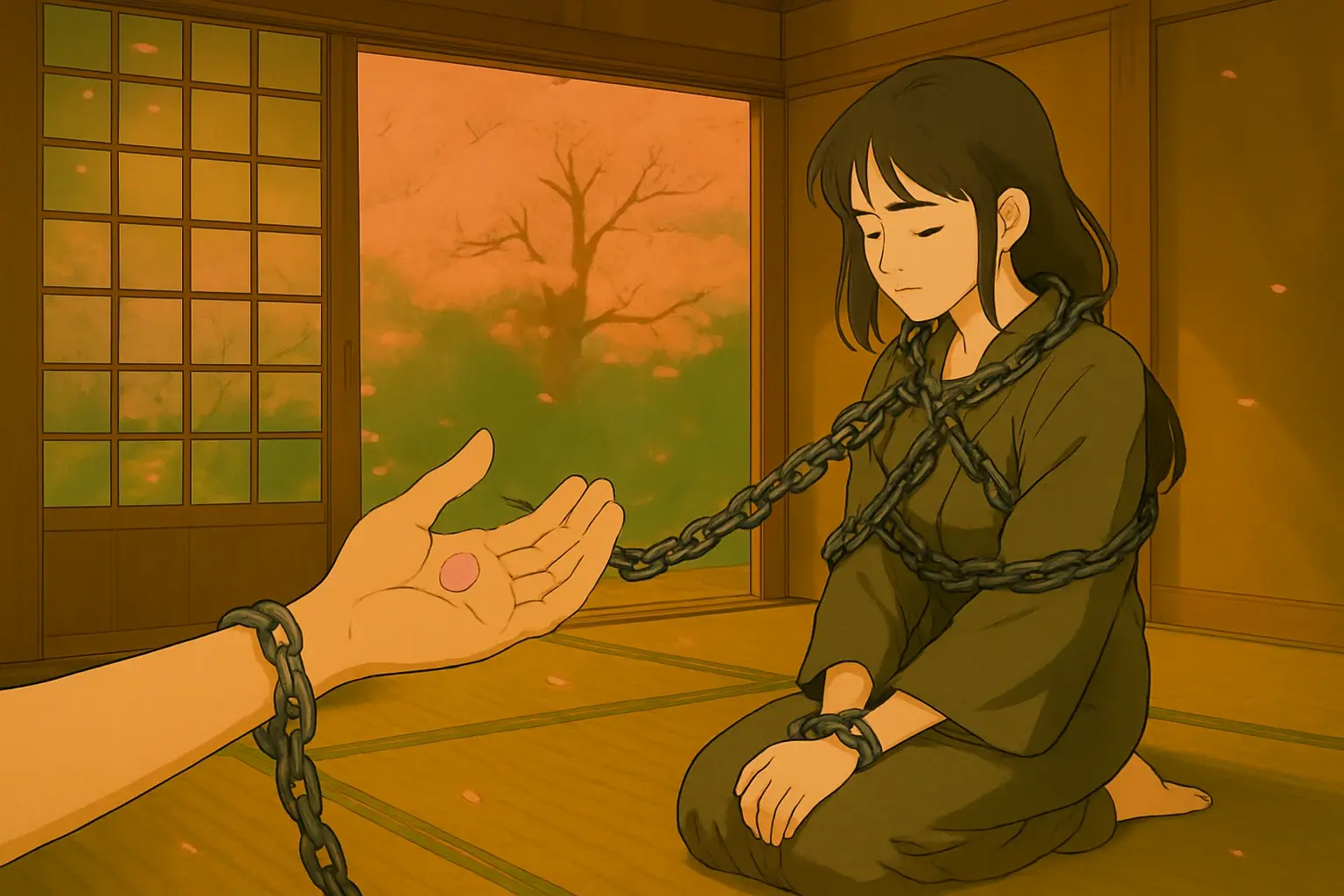 A young woman sits in silence on a traditional tatami floor, her body bound in dark chains. Her expression is calm but distant, eyes closed, as if holding in pain. A hand reaches toward her with a single cherry blossom petal resting in the palm. Behind them, pink petals drift past a shoji screen with a view of a tree outside. The image evokes isolation, emotional restraint, and the quiet suffering often felt by those experiencing Gaman.