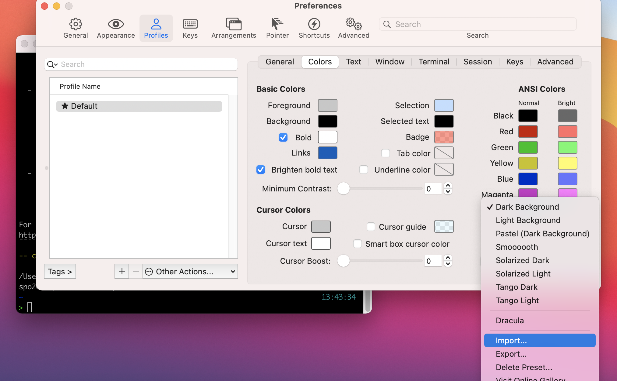 Menu de importar paleta de cores do iTerm2