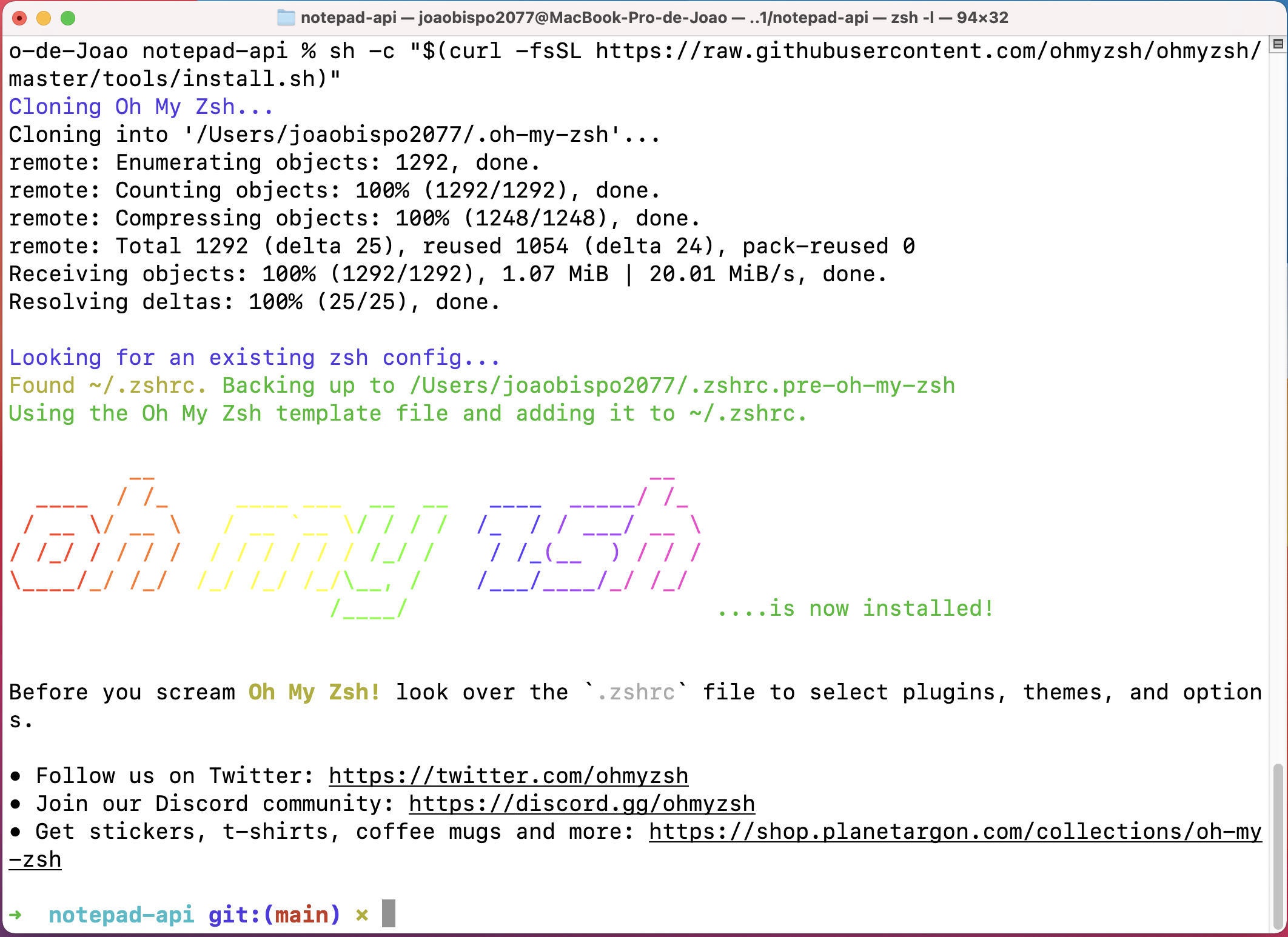 Output da instalação do ZSH