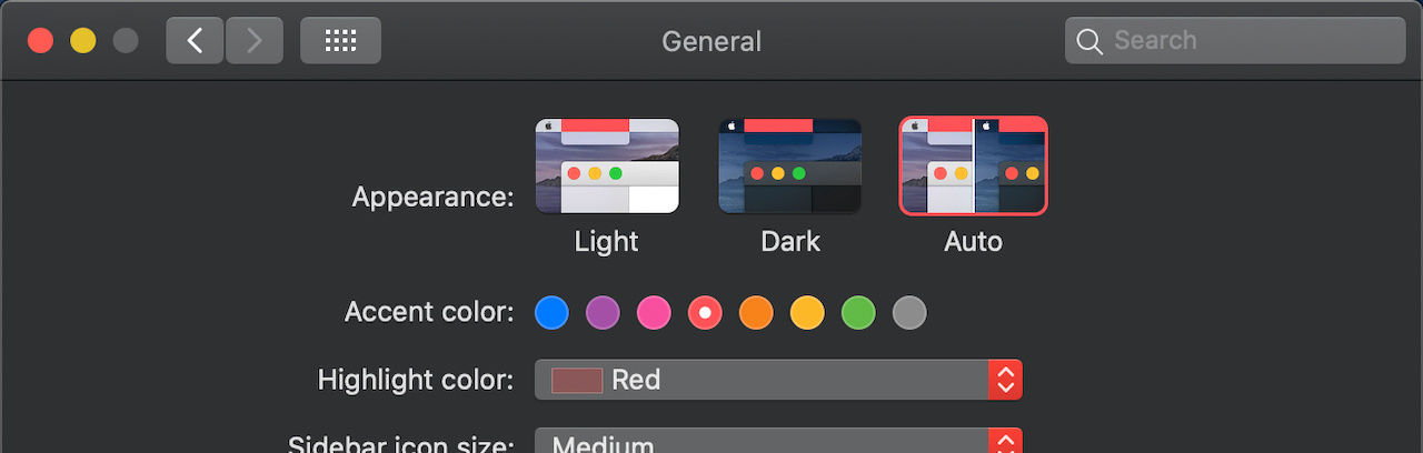 Dark mode setting in macOS Catalina