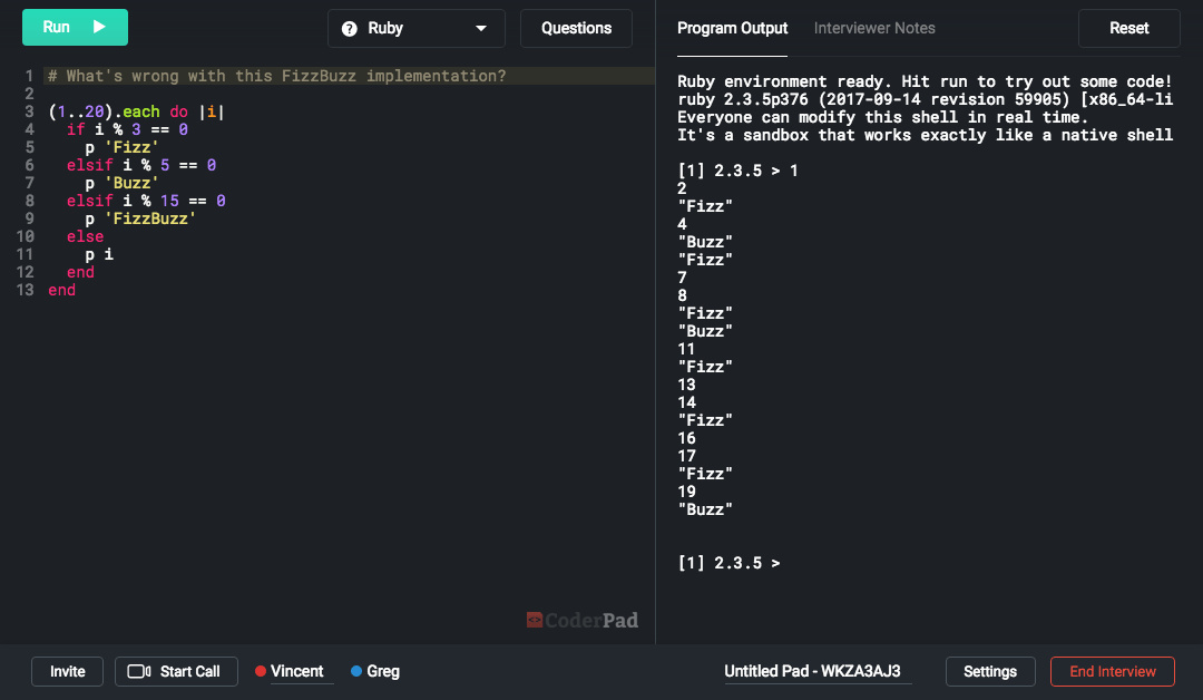 オンラインのコーディング面接にはCoderPadというWebサービスを使っている会社が結構あった。アルゴリズムの問題によく使われ、自分の好きな言語で問題を解くことができる