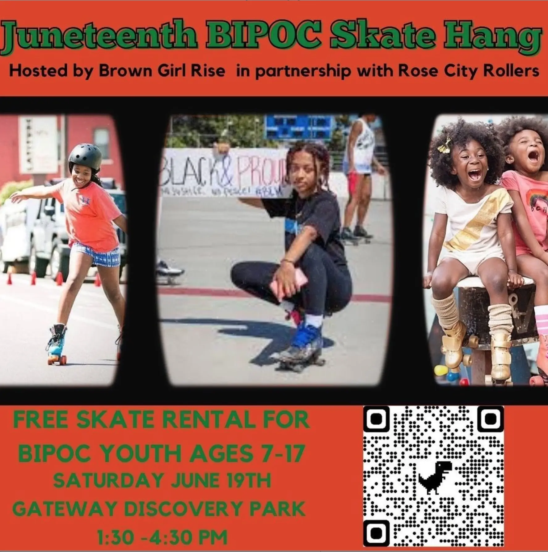 Juneteenth BIPOC Youth Skate Hang - screenshot from Instagram with QR code and photos of BIPOC youth girls skating