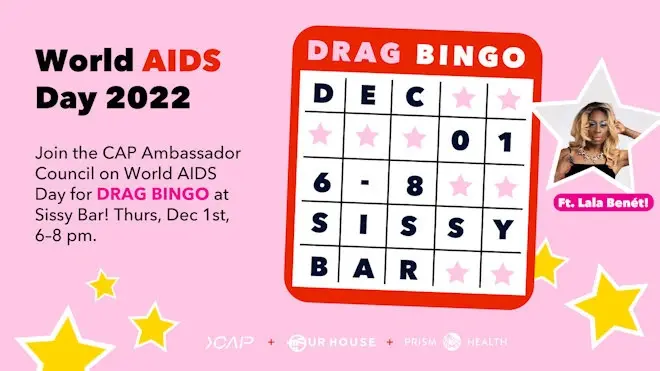 drag bingo flyer with pink background, yellow stars, and an illustration of a bingo card