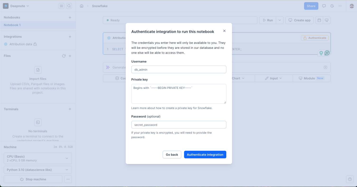 Connecting Snowflake integration in Deepnote