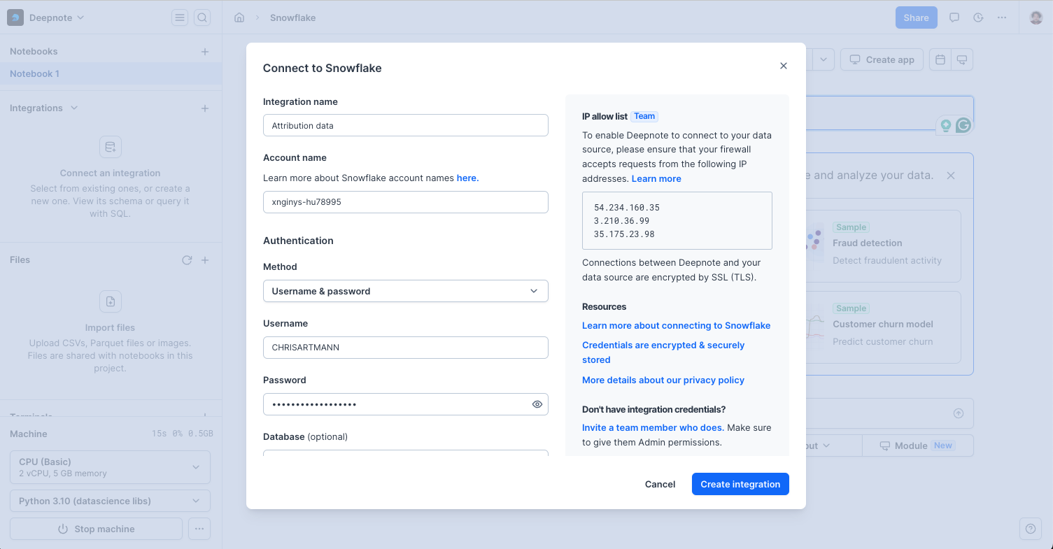 Using Snowflake with username and password