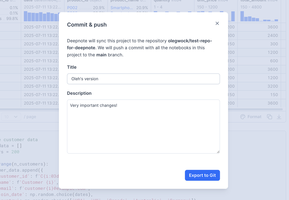 Commit & push modal
