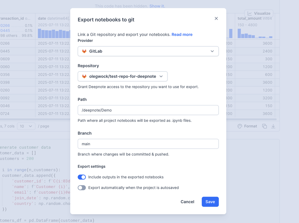 Export settings