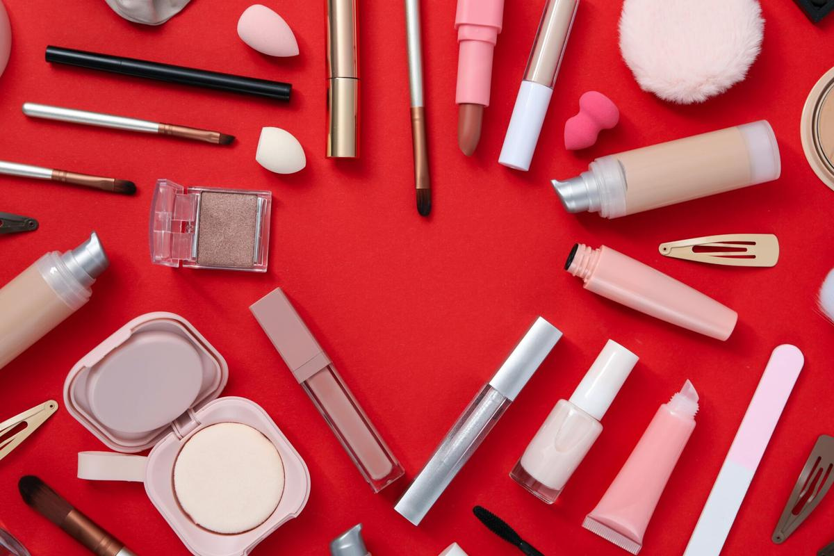 beauty products in Valentine's Day arrangement