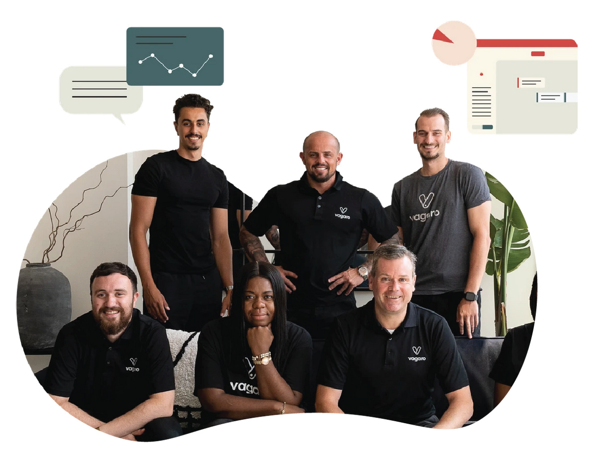 A group photo of the Vagaro team wearing branded Vagaro t-shirts.