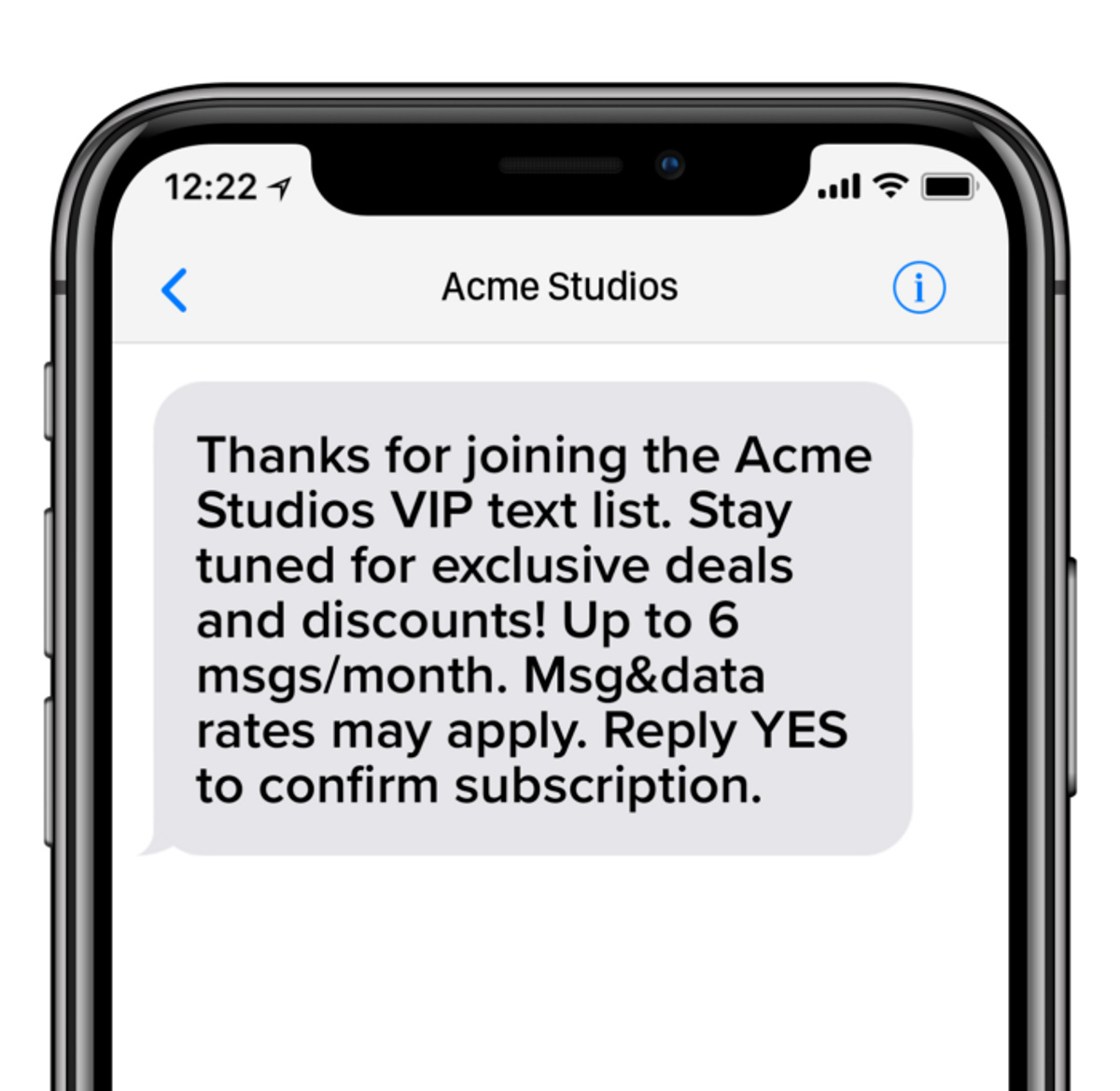 Phone screen opt in text welcome to Acme Studios VIP text program.