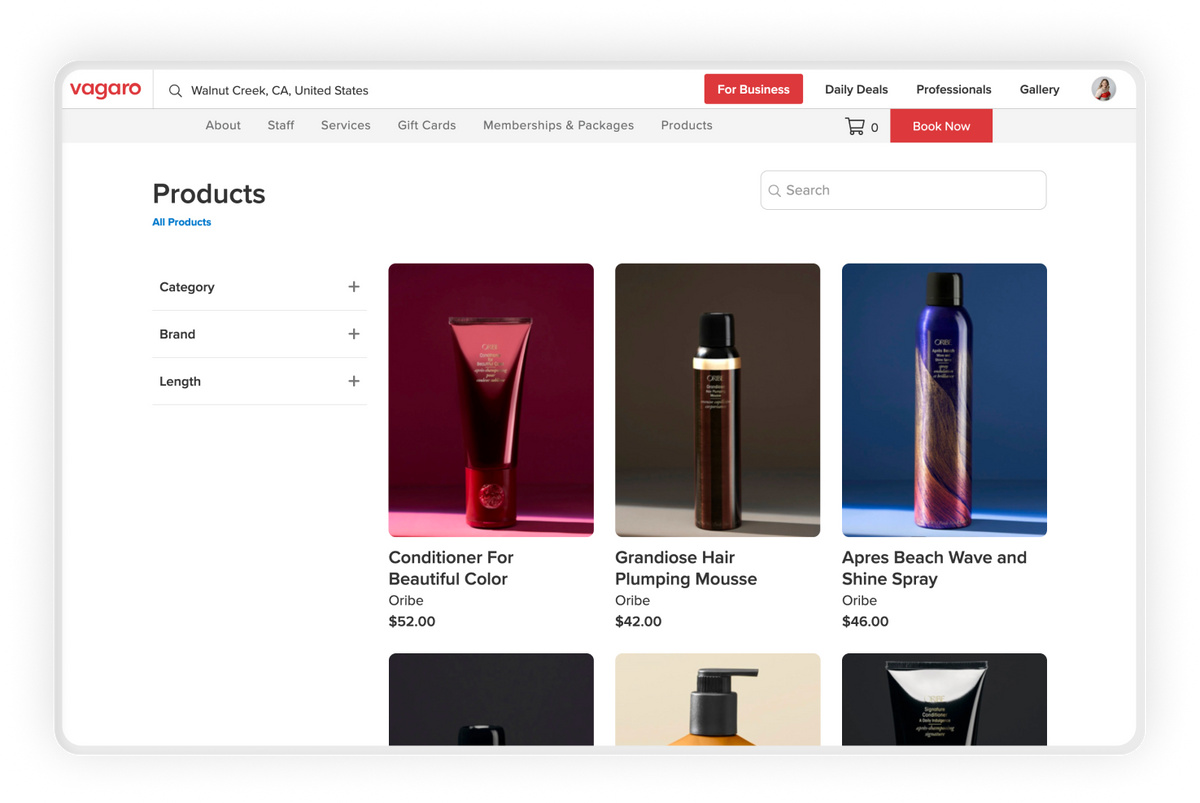 Screen displaying a salon's online store selling beauty products