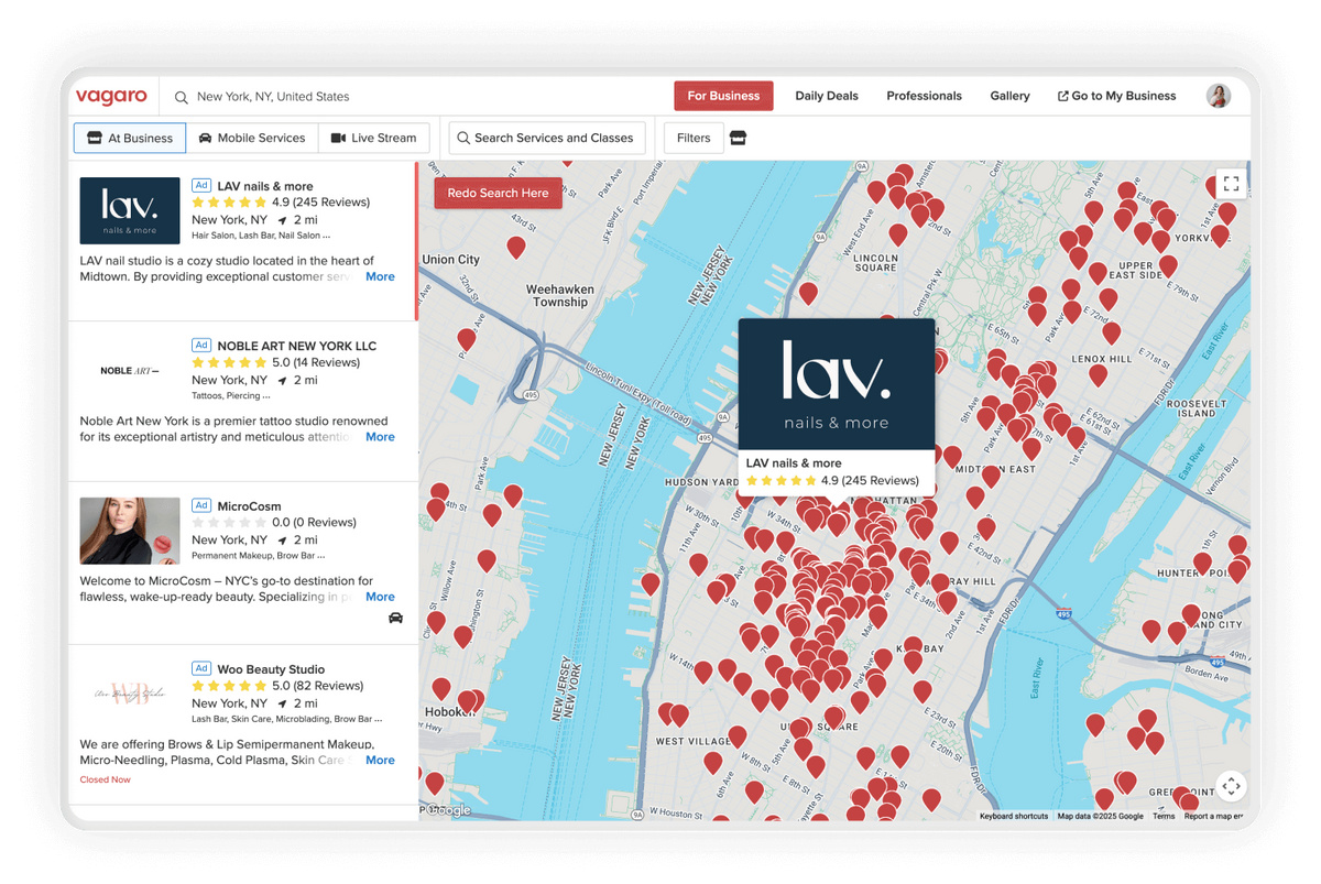 Screen showing beauty, wellness and fitness marketplace map to discover nearby businesses