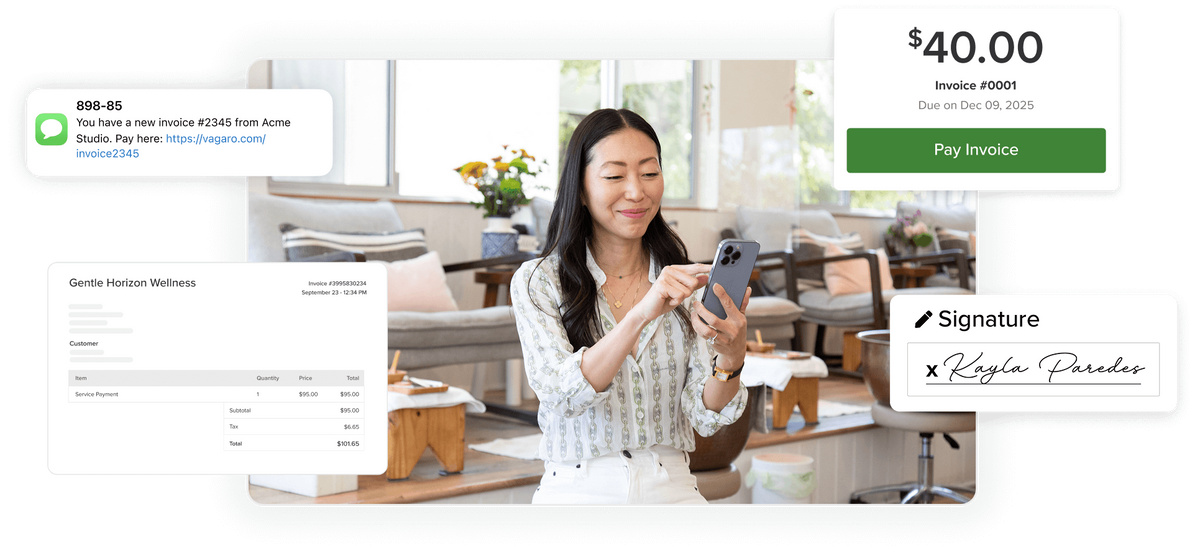 Business owner on beauty and wellness app sending invoices to customers