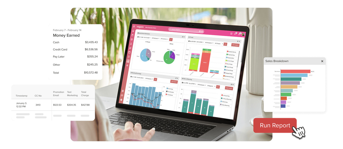 Software screen displaying salon business reports and insights