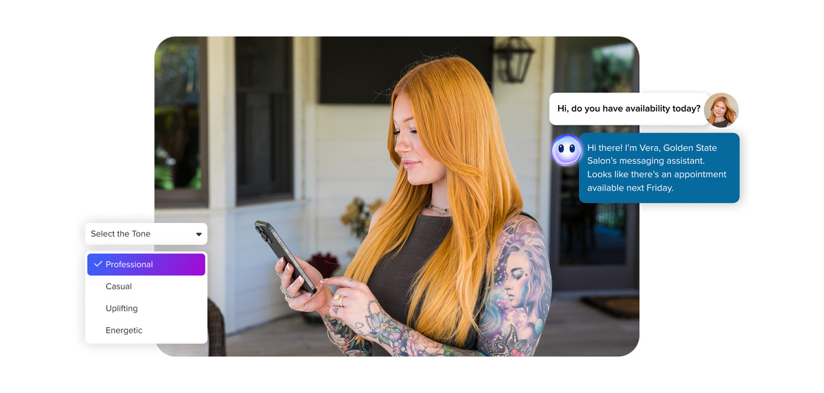 Client messaging with salon ai chat receptionist to book her next hair appointment