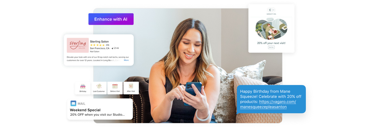 Business owner using email and text marketing app to build a campaign that will boost client bookings