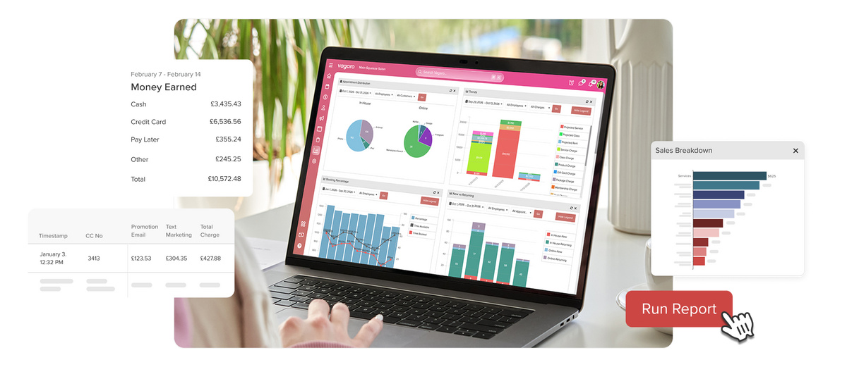 Software screen displaying salon business reports and insights