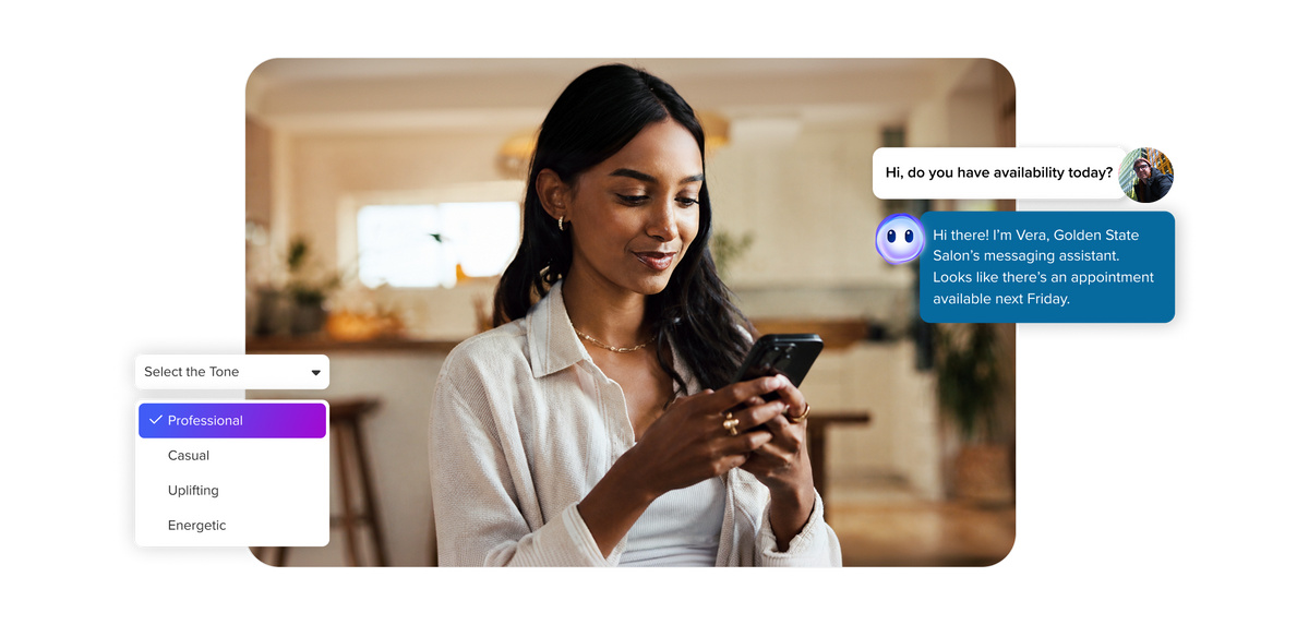 Client messaging with salon ai chat receptionist to book her next hair appointment