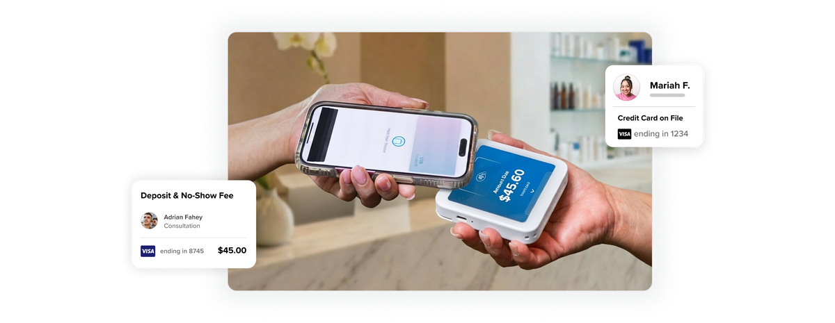 Salon payment with tap to pay and graphics showing no-show appointment fees