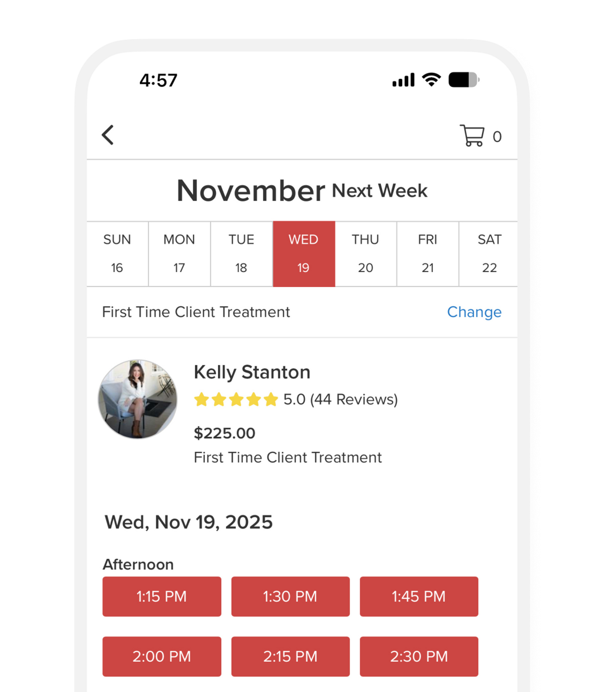Mobile online booking and scheduling screen displaying service providers and appointments available