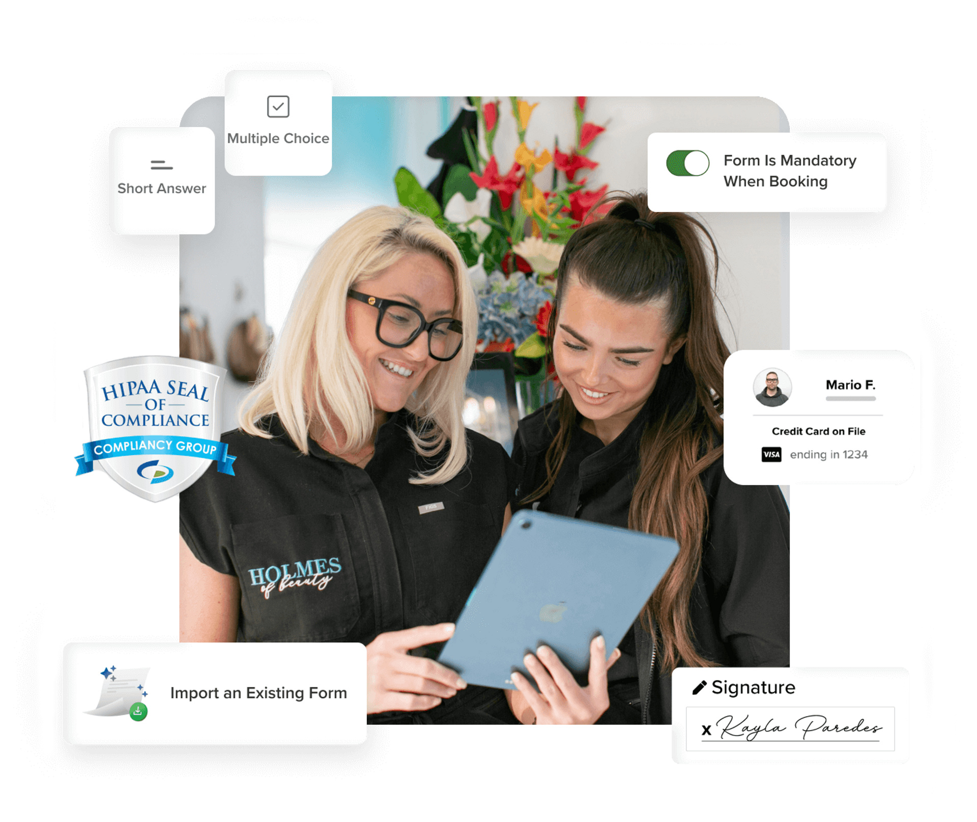 Beauty professionals reviewing a client intake and liability form on their mobile device with HIPAA compliance badge