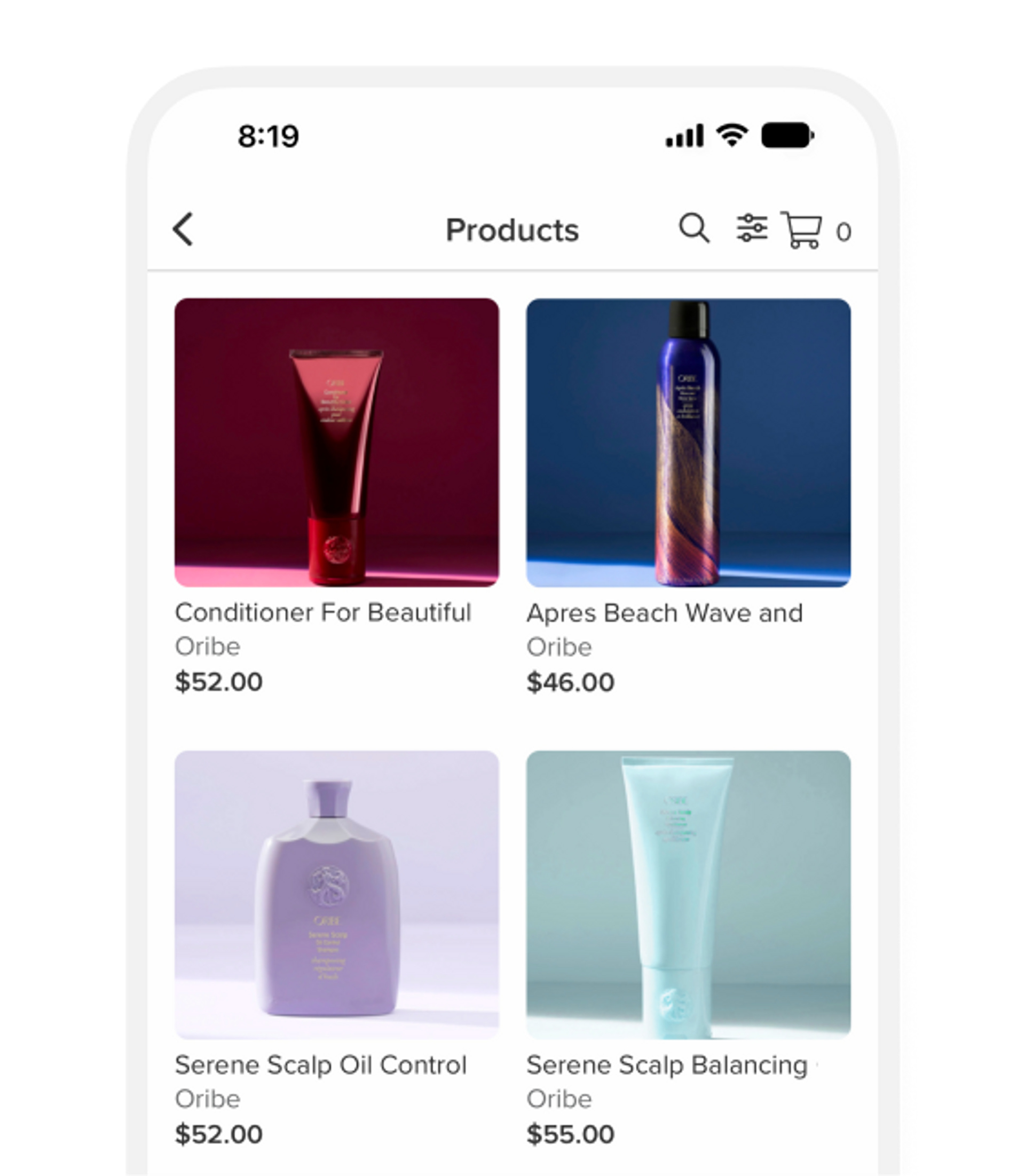 Mobile screen displaying a salon's online store selling beauty products