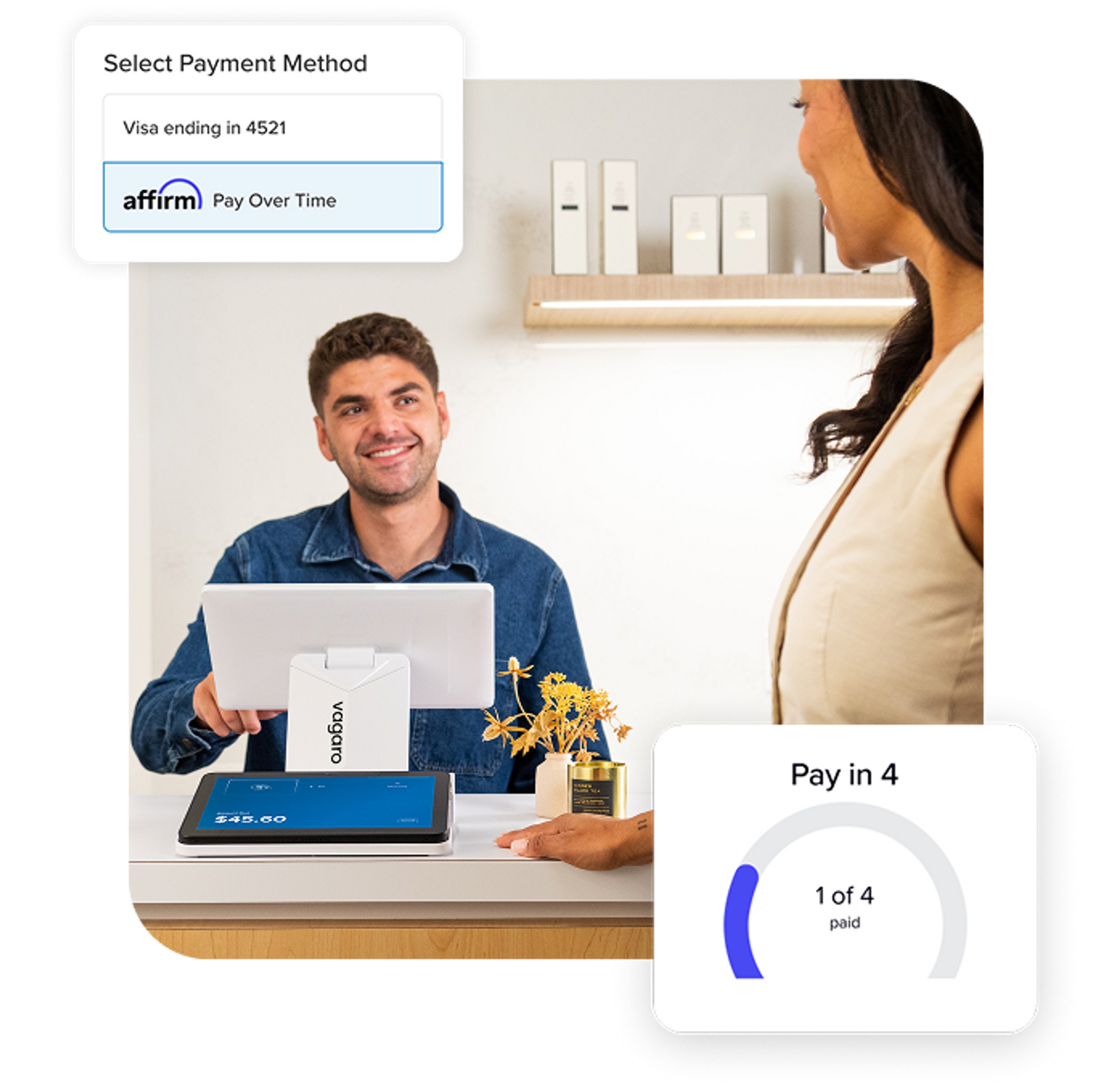 Client paying at business front desk using buy now, pay later by Affirm
