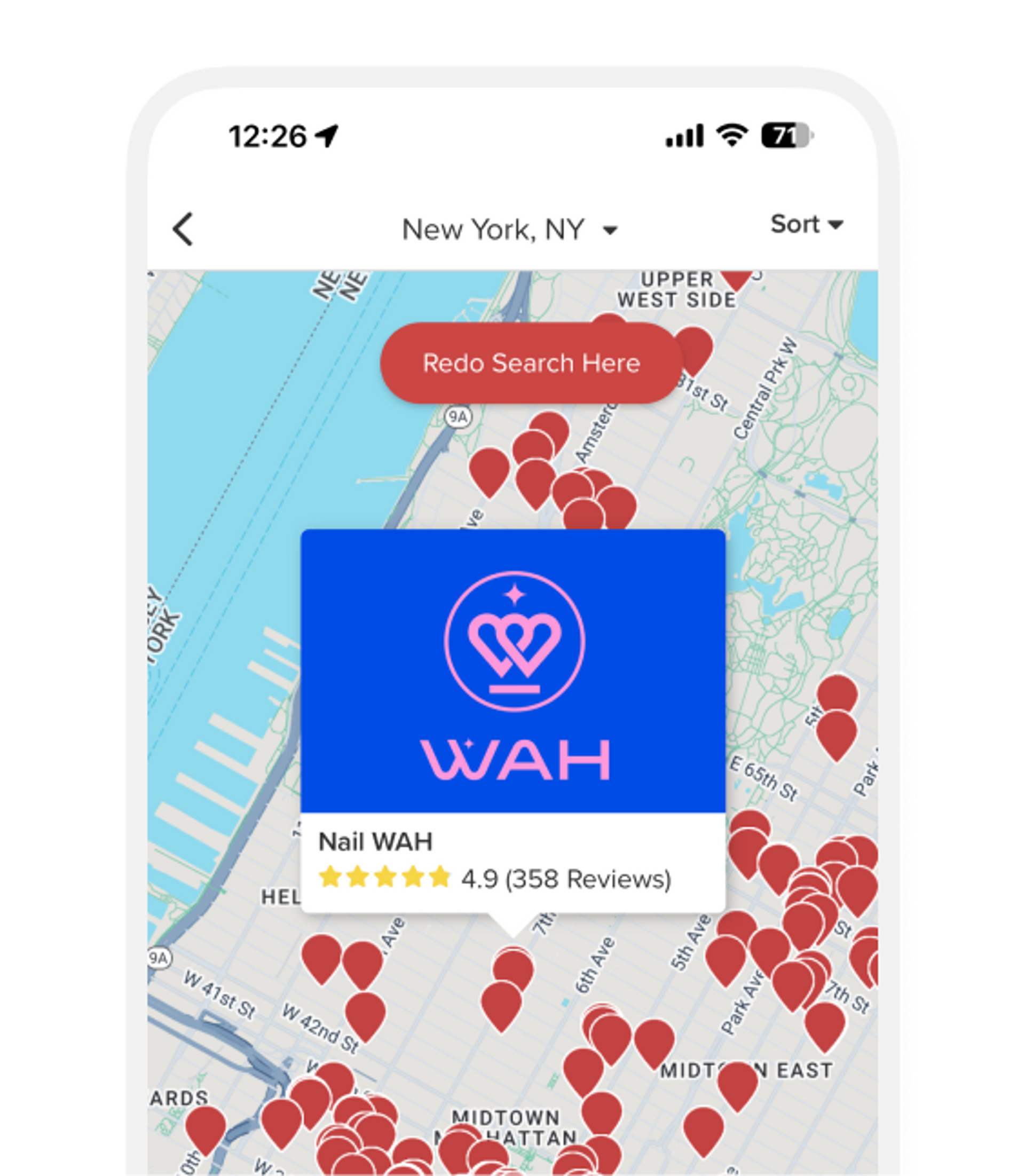 Mobile screen showing beauty, wellness and fitness marketplace map to discover nearby businesses