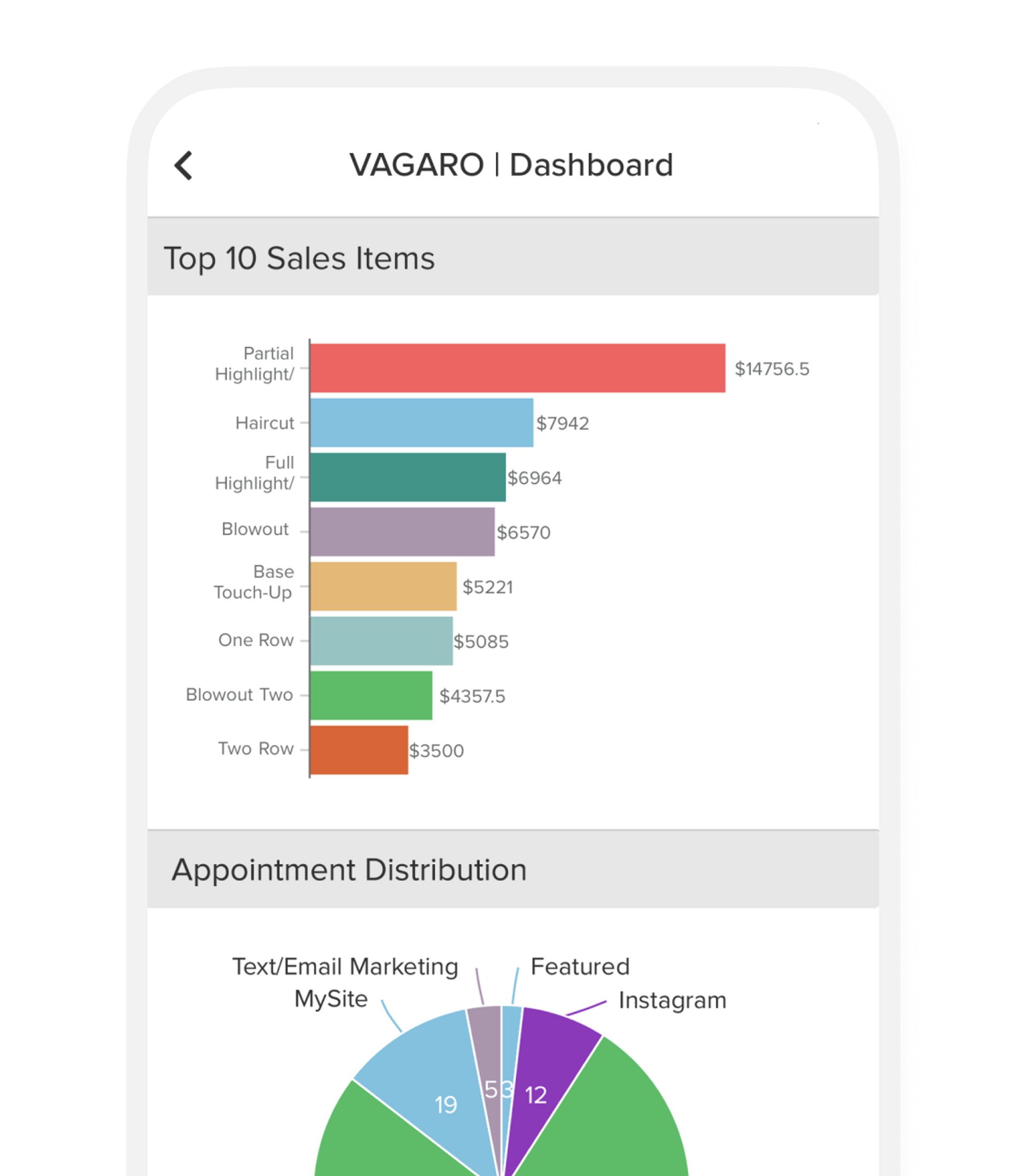 mobile software screen displaying salon business reports and insights