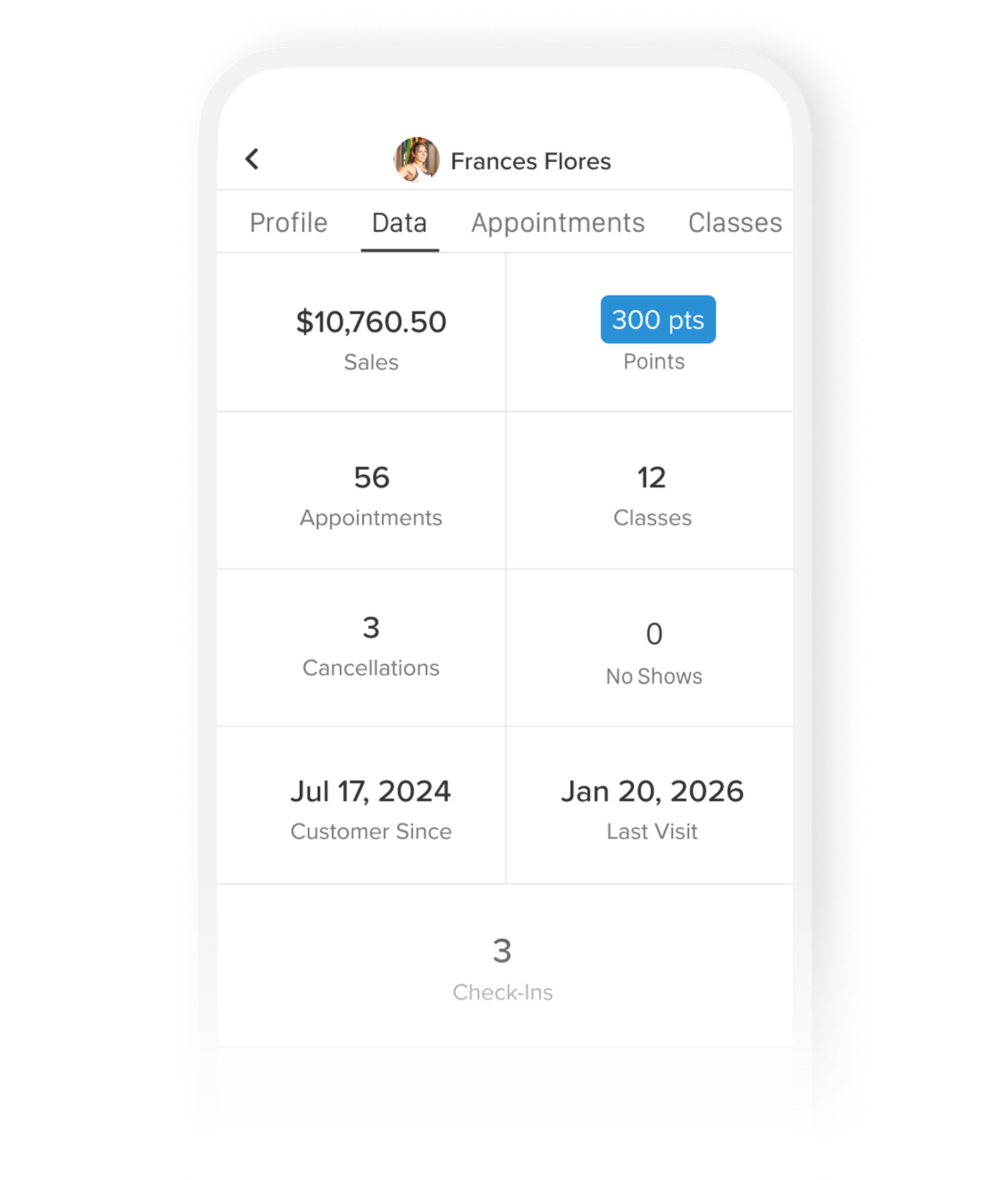 Mobile software screen with client information, appointment history and credit card on file for CRM