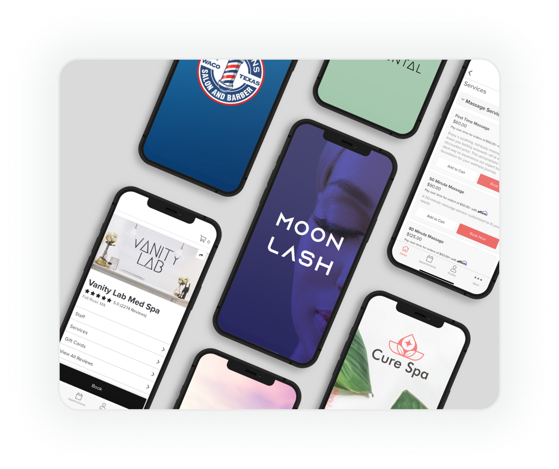 Mobile devices showing a variety of custom business apps for online booking and appointment scheduling