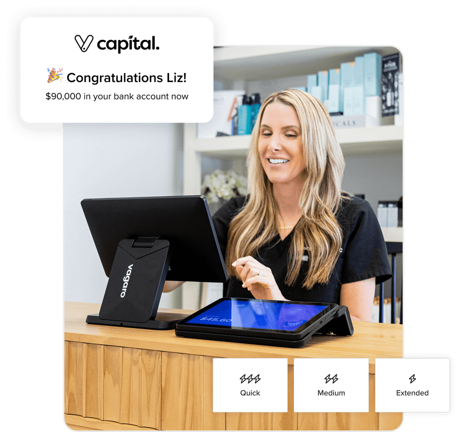 Business owner on POS device smiling because she just received funding for her business
