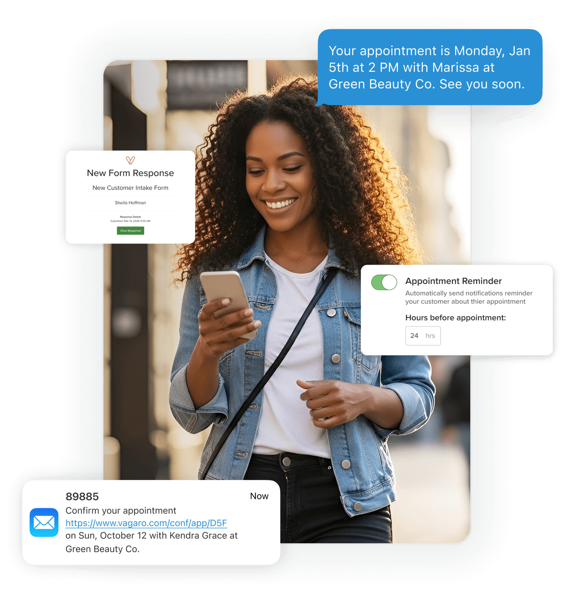 Woman walking down the street looking at an appointment reminder text she just received