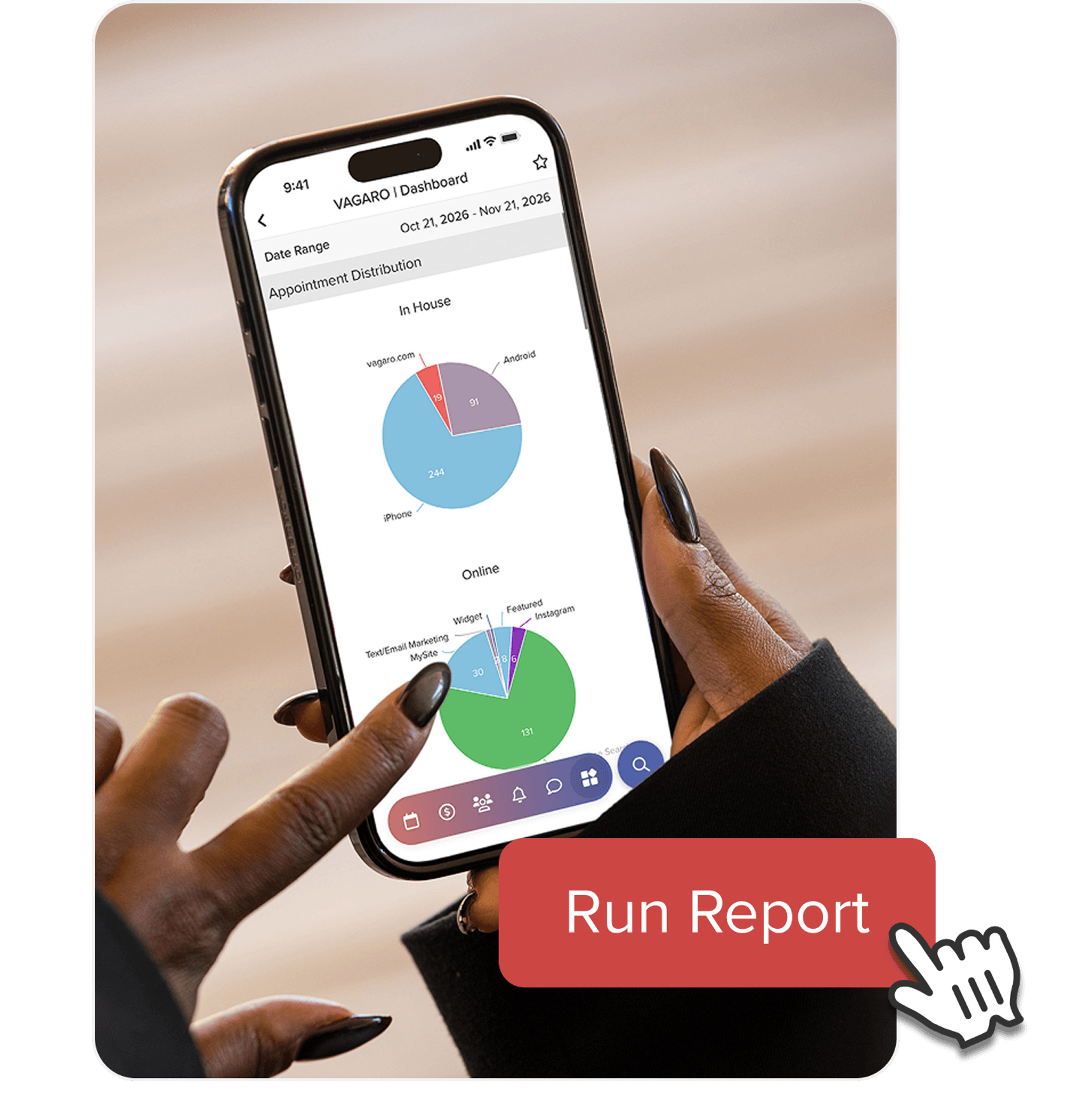 mobile software screen displaying salon business reports and insights