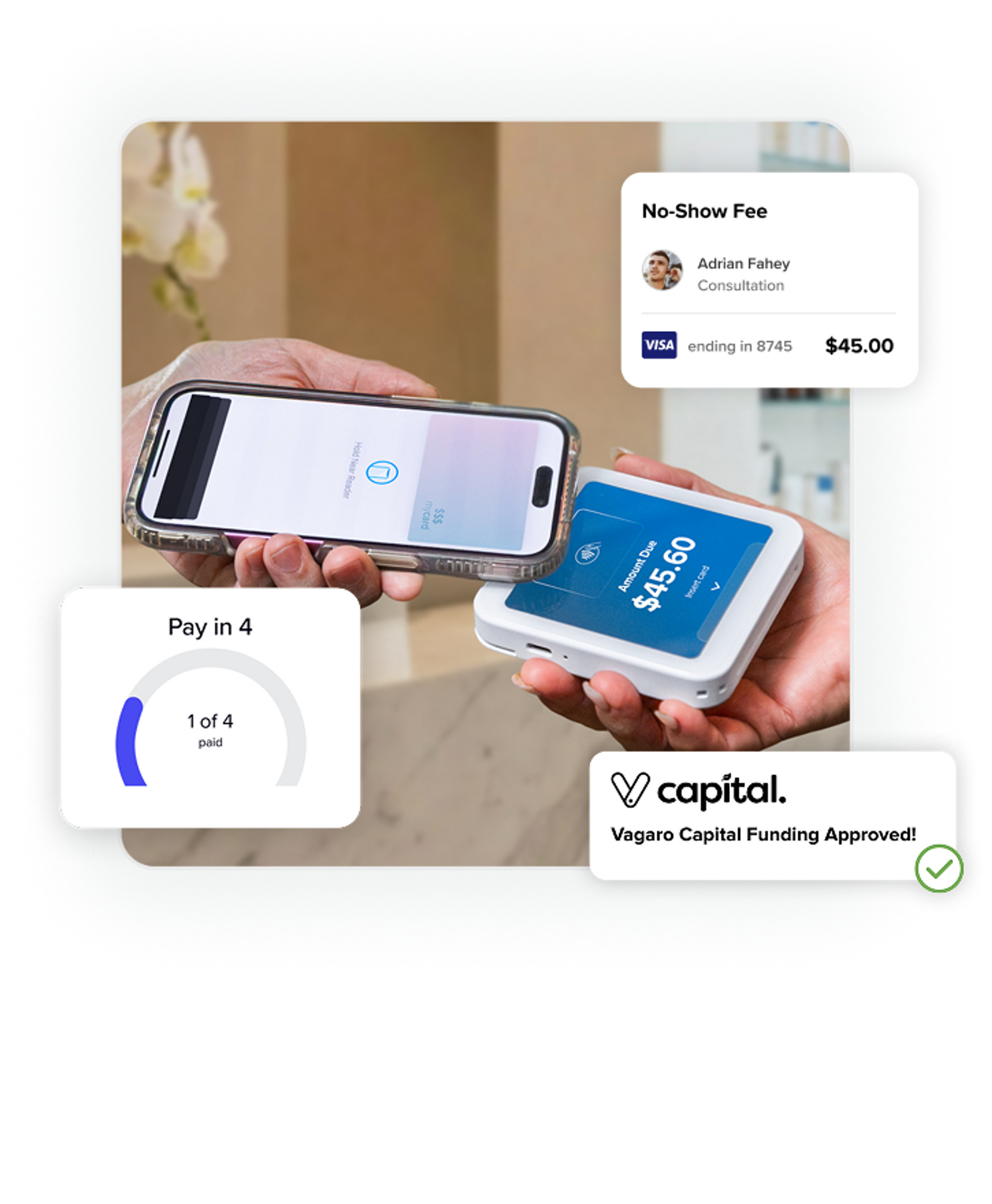 Salon payment with tap to pay and graphics showing no-show appointment fees
