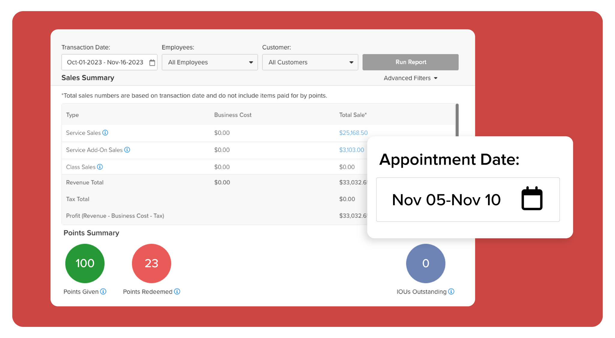 Filter the Sales Summary by Appointment Date